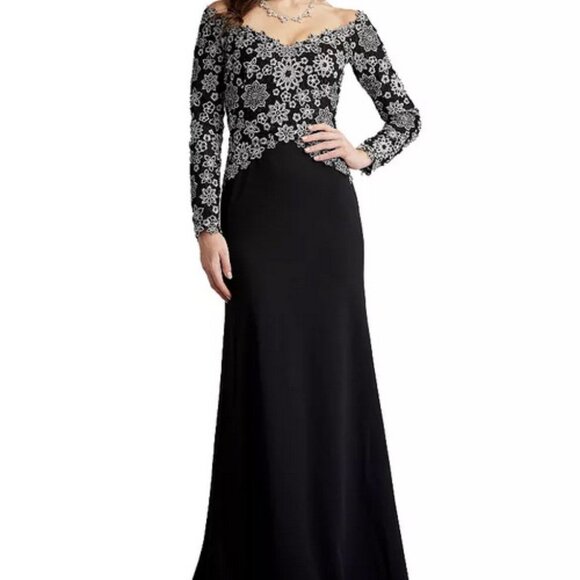 Tadashi Shoji Black Ivory Embroidered Off the Shoulder Gown
